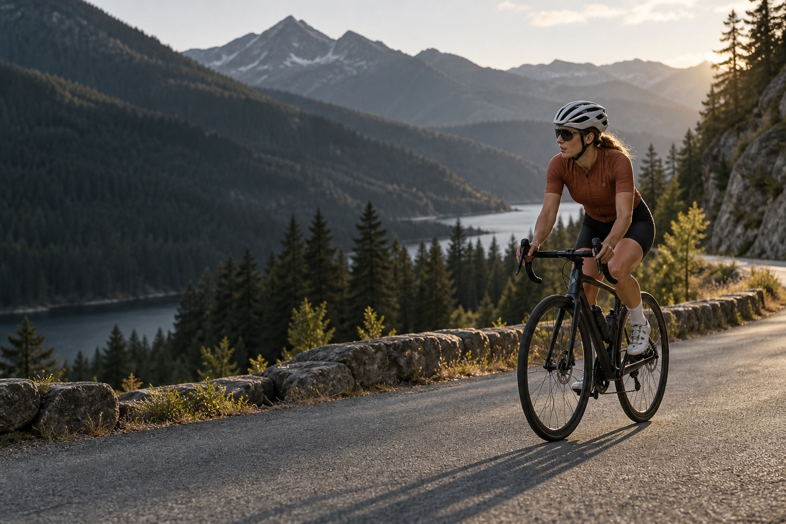 Helmeted cyclist riding a road bicycle in a mountain landscape