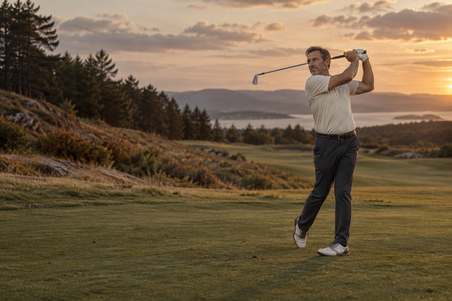 Golfer finishing a swing on a fairway in late afternoon light
