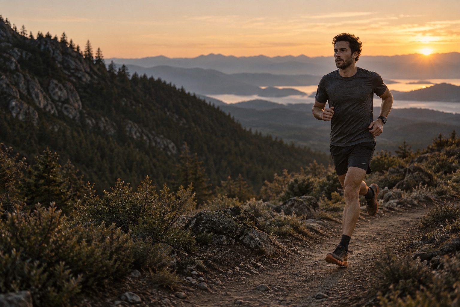 Runner following a dirt trail through mountain foothills