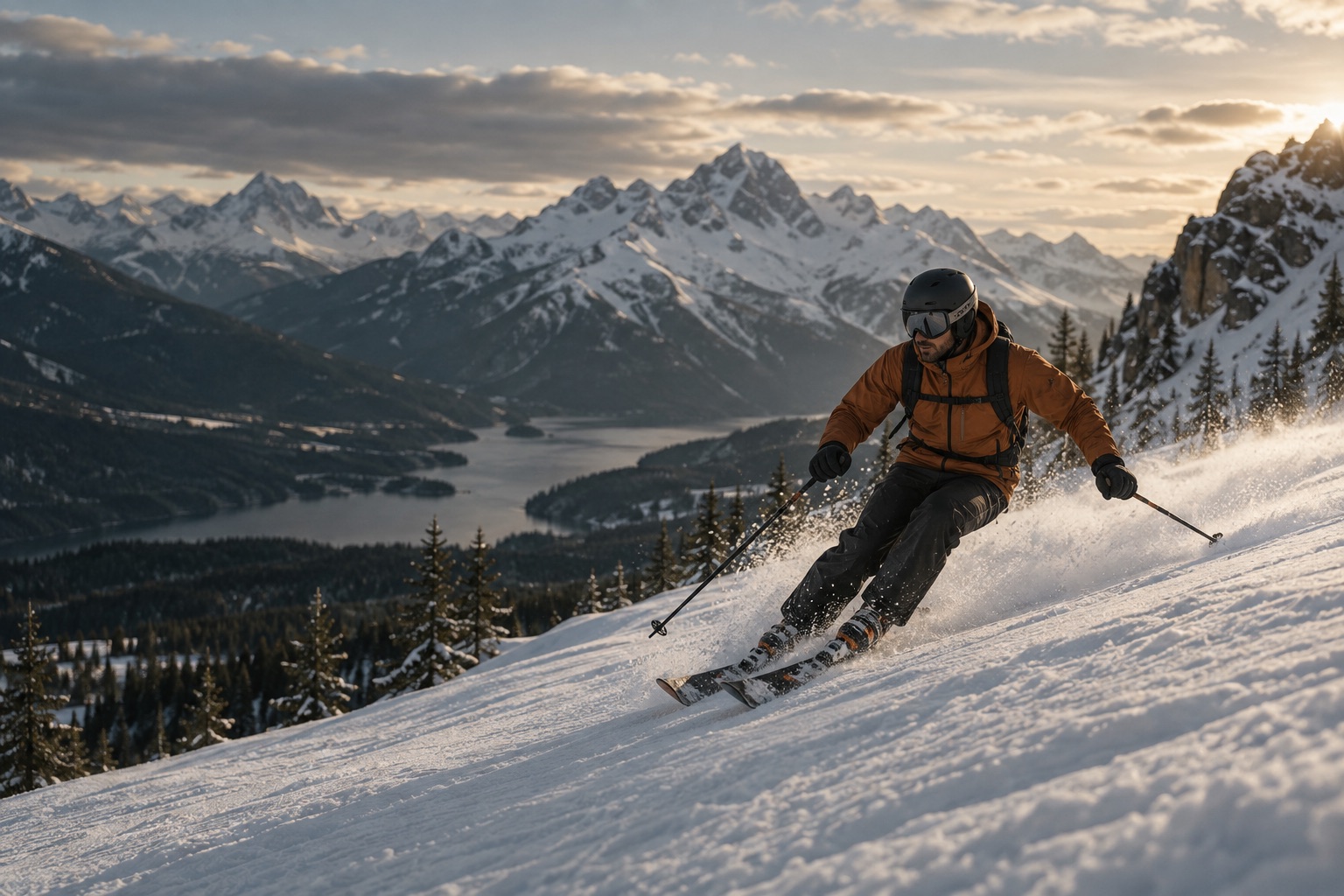 Skier carving through snow on an alpine slope