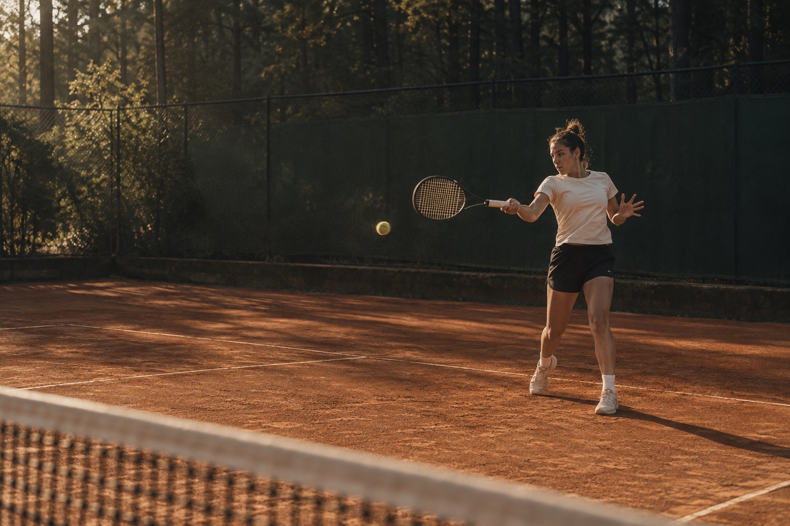 Tennis player moving into a forehand on a clay court in late afternoon light